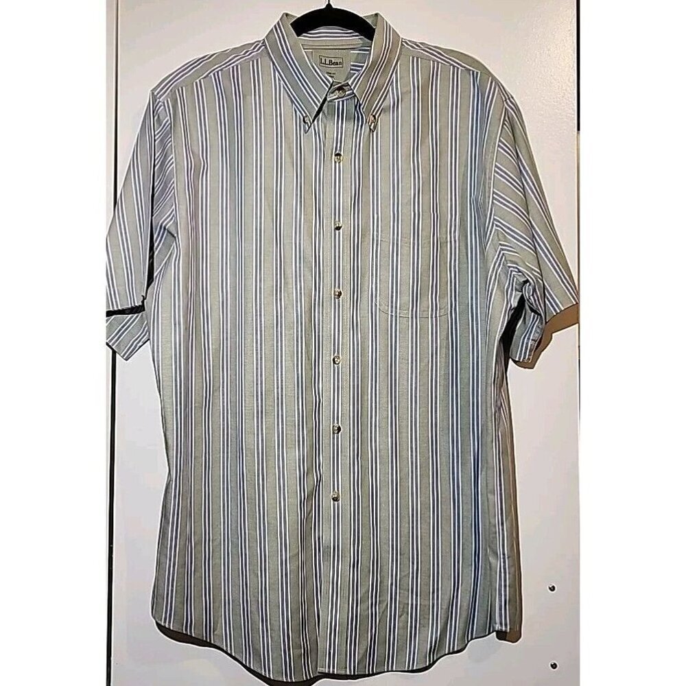 LL Bean Trim Fit Cotton Short Sleeve Green & Blue Striped Mens Shirt Large